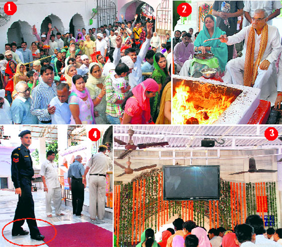 (1) Devotees throng the Mansa Devi shrine. (2) Haryana Chief Minister Bhupinder Singh Hooda takes part in a havan. (3) A non-functional LCD screen at the temple. (4) A commando inside the premises with his shoes on.