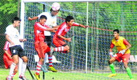 A football match in progress during a match between the Aizawal Football Club, Mizoram, and the Mahilpur Football Academy druing the 10th Administrator's Challenge Cup Tournament at Sector 42 in Chandigarh on Tuesday.