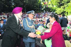 A student presents a bouquet to Air Chief Marshal NAK Browne on the 42nd Founders Day function at Dalhousie Public School, Dalhousie