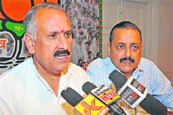 BJP state president Shamsher Singh Manhas addresses a press conference in Jammu on Tuesday