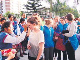 A delegation from Abbots Bromley School, UK, being greeted by students of Unison World School in Dehradun on Wednesday