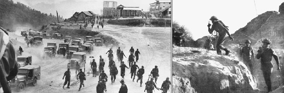 Indian troop movements in Assam during the conflict (left) and jawans patrolling in the forward areas. The Army believed an offensive-defensive strategy was required vis-a-vis China due to the poor state of Indias preparedness in the border areas