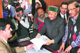 Virbhadra Singh, Congress candidate from Shimla (Rural), files his nomination papers in Shimla on Wednesday.
