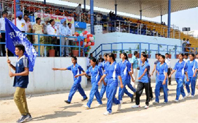 Girls take part in the march-past during the inauguration of the 58th Punjab School Games at the sports stadium in Bathinda on Thursday.