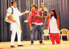Students take part in a skit at DAV College in Sector 10 in Chandigarh on Thursday; and (right) students take part in a mime competition at Home Science College in Sector 10