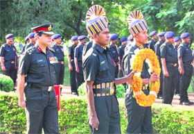 Brig Arun Ganguli, officiating Major-General (Electronics and Mechanical Engineers), Western Command, Chandi Mandir, goes to lay a wreath at Veer Smriti in Chandi Mandir on Thursday