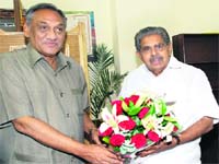 Chief Minister Vijay Bahuguna during a meeting with Union Minister for Small-Scale Industries Vyalar Ravi in New Delhi on Thursday