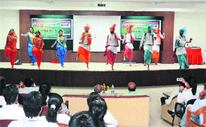 Students of the Kurukshetra Institute of Technology and Management (KITM) perform  bhangra during Euphoria-2012 in Kuruksetra. 