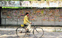 A bus stop defaced with posters at Phase IV in Mohali