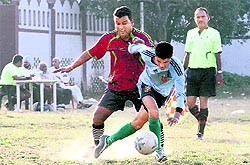 Players in action during a match in the Lala Nemi Dass Memorial Football League in Dehradun on Friday