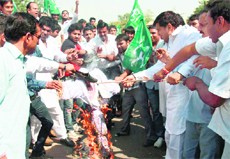 INLD workers burn effigies of Haryana Chief Minister Bhupinder Singh Hooda and Rahul Gandhi during a demonstration in Gurgaon on Friday. 