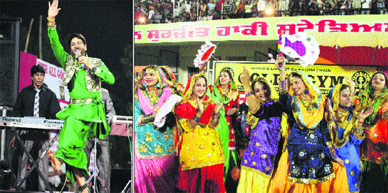 Famous Punjabi singer Gurdas Mann performs at the closing ceremony of the 29th Surjit Hockey Tournament in Jalandhar on Friday; and (right) girls perform giddha during the closing ceremony. 