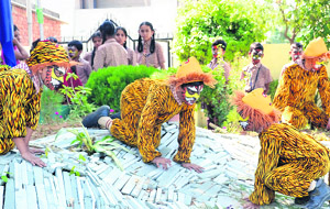 An awareness campaign on "Save our national animal tiger being held at the St Soldier Group of Institutions in Jalandhar on Friday. 