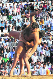 Wrestlers in action at Mathwar in Jammu on Friday.