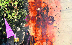An effigy of Ravana up in flames during Dasehra celebrations at Maple Bear Canadian Playway and Nursery School, Udham Singh Nagar, in Ludhiana on Friday. 