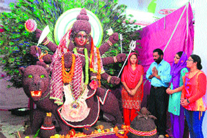 An idol of Goddess Durga made of rudraksha beads at Geeta Mandir, Pakhowal road, Ludhiana. 