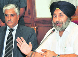 Deputy CM Sukhbir Badal addresses a press conference in Chandigarh on Friday. Seated on his right is DGP Sumedh Singh Saini.