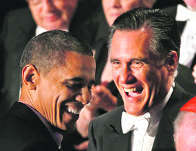 US President Barack Obama and Republican presidential nominee Mitt Romney share a laugh at a charity dinner in New York.