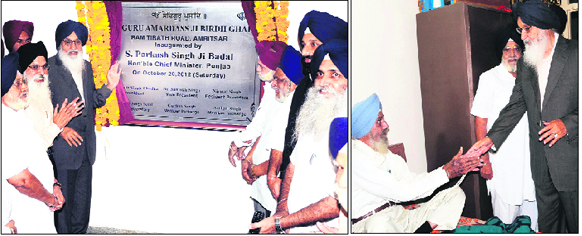 Chief Minister Parkash Singh Badal inaugurates Shri Guru Amardass Ji Birdh Ghar (old age home) in Amritsar on Saturday and (right) the Chief Minister interacts with an inmate at the old age home. 
