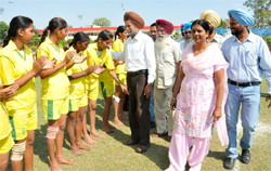 Kabaddi players being introduced to the dignitaries ahead of a super league match in Bathinda on Saturday. 