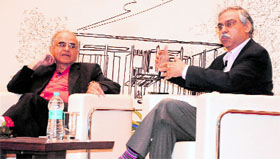 Gurcharan Das and Sunil Kant Munjal (right) during an interaction at the Indian School of Business, Sector 81, in Mohali on Saturday.