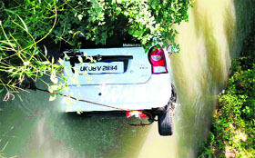 A car got stuck in the Ganga canal near Kankhal after it slipped off the road, leaving two persons injured in Haridwar on Saturday.