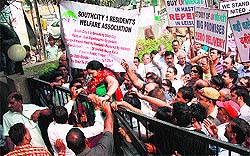 Irate Sun City residents protest against the coloniser, Unitech, over poor maintenance in Gurgaon on Saturday