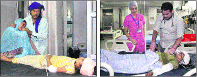The parents of the injured children grieve at a hospital; and (right) a doctor attending to an injured child. 