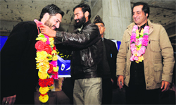 Dawood Bilal Lodhi being welcomed by the Peoples Conference party workers on Saturday.