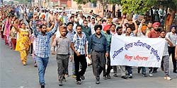 Members of the Special Trainer Teachers Union staging a protest march in Bathinda on Sunday