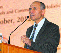 A foreign delegate speaks at an international conference at Panjab University on Sunday. 