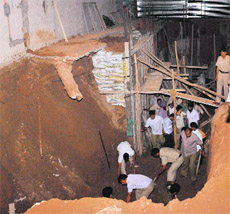 Rescue work in progress at a hotel site under construction in Sector 18, Chandigarh, on Sunday.