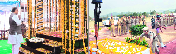 Chief Minister Vijay Bahuguna pays tributes to the martyrs on Police Commemoration Day at the Police Lines in Dehradun on Sunday; and (right) Haridwar SSP Arun Mohan Joshi pays tributes at Roshanabad, Police Lines, in Haridwar. 