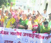 Members of the Akhil Bharatiya Janwadi Mahila Samiti stage a protest at the office of the Dehradun SSP on Sunday. 