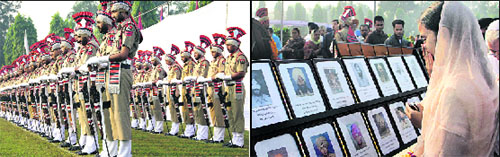 Jawans of the Punjab Police pay respect to the martyrs by reversing arms; and (right) Gurpreet Kaur, daughter of head constable Pritpal Singh, who was gunned down by terrorists on August 31, 1991, breaks down on seeing the photograph of her father during Police Commemoration Day in Jalandhar on Sunday.