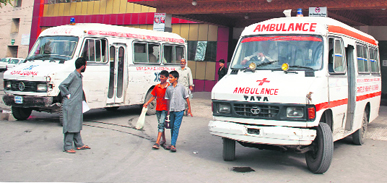 Ambulances outside Shri Maharaja Hari Singh Hospital in Srinagar.