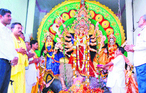 Members of the Oriya community celebrate Durga Puja on the Majitha road in Amritsar on Monday. 