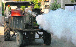 MC workers carry out fogging exercise at Phase IX, Mohali, on Monday. tribune photo: Vicky Gharu