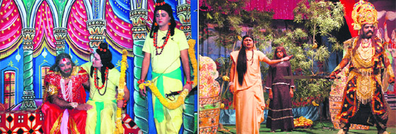 Artists enact scenes from the Ramayana during Ramlila in Jalandhar on Monday. 
