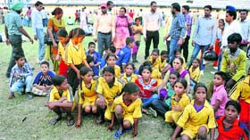 Players and officials from Bathinda protest against the organisers at the Guru Nanak Stadium in Ludhiana.