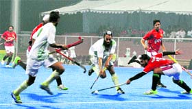 A match between the PNB and Namdhari in progress during the All-India Sahibzada Ajit Singh Hockey Championship at the PAU in Ludhiana.