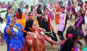 Students of the SSD Women's Institute of Technology perform garba to mark the Navratras celebrations in Bathinda on Tuesday. 