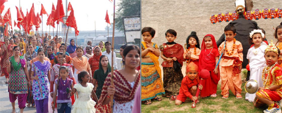 (Left) Women march in a procession towards the Sirhind canal to immerse the idol of Goddess Durga after the end of Navratras on Tuesday; Children of Daddys Teddy, a playway school, celebrated Dussehra on the campus by dressing up as mythological characters from the epic Ramayana.