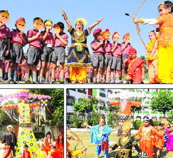 Clockwise from top: Children enact a scene from Ramayana at Shivalik Public School in Mohali; Students of St Xaviers School, Chandigarh, perform Ramlila; and students of Chaman Lal DAV School, Panchkula, pose in front of an effigy of Ravana during Dasehra celebrations on Tuesday.