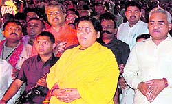 Former Madhya Pradesh Chief Minister Uma Bharati attends Ganga Aarti at Brahmkund, Har-ki-Pauri, in Haridwar on Tuesday