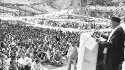 HPCC chief Virbhadra Singh addresses a rally in Ani on Tuesday.