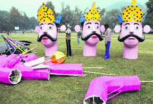 Workers give final touches to effigies of Ravana, Meghnad and Kumbhkaran on the eve of the Dasehra in Srinagar on Tuesday. 