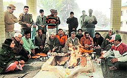Kashmiri Pandits perform a hawan at Ramji temple in Srinagar on Tuesday