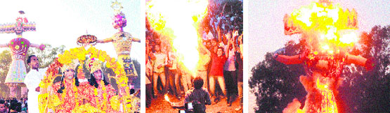 Artistes enact Lord Rama and Lakshman at Dasehra Ground; people rejoice at a display by a fire-spewing artiste; and Ravana goes up in flames at Dasehra Ground in Amritsar on Wednesday, photos Vishal Kumar See also P2
