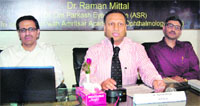Dr Raman Mittal addresses mediapersons in Amritsar on Wednesday. Photo: Sameer Sehgal